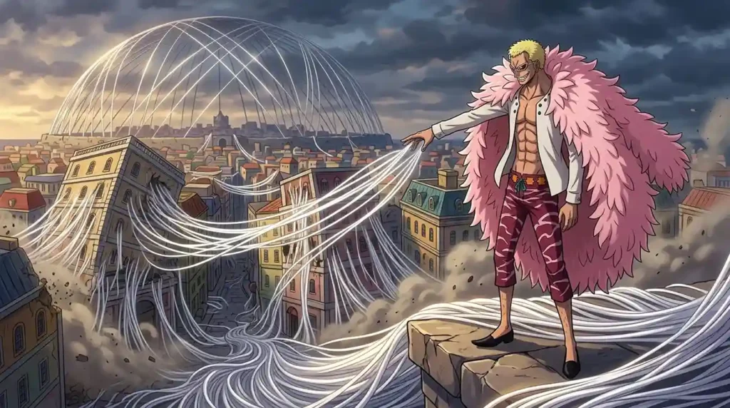 Donquixote Doflamingo using awakened Ito Ito no Mi turning buildings into strings with Birdcage attack in Dressrosa