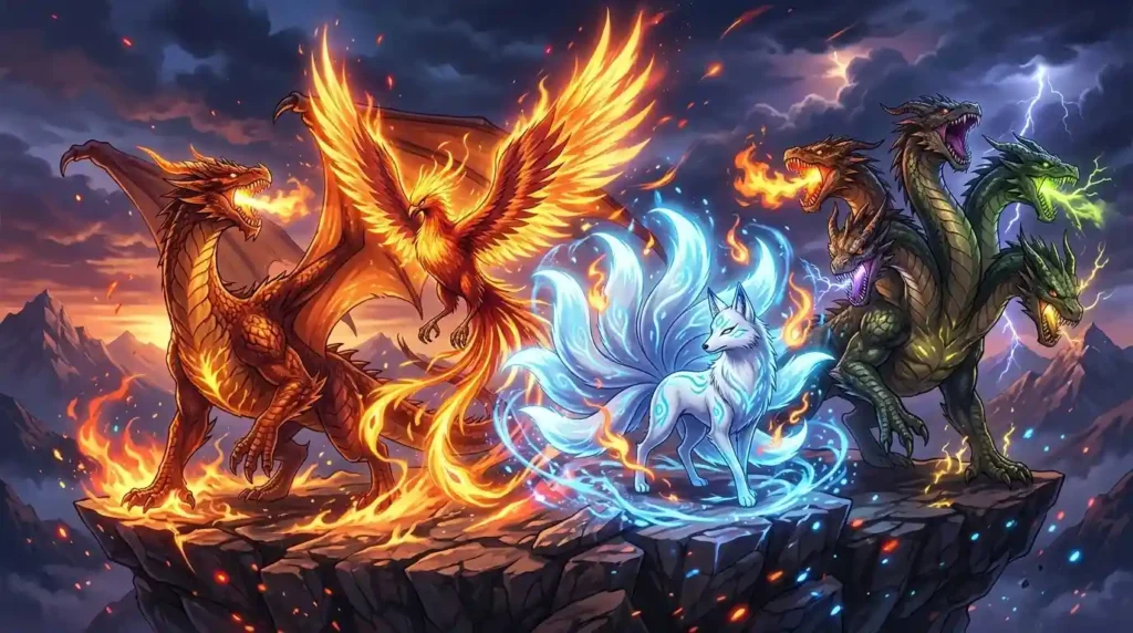 Anime mythological summon creatures including dragon, phoenix, kitsune, and hydra with elemental powers and glowing aura