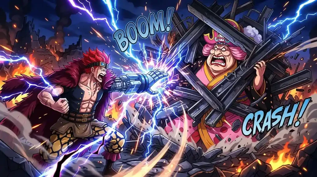 Eustass Kid using awakened magnet powers assigning polarity and crushing enemies with massive metal structures