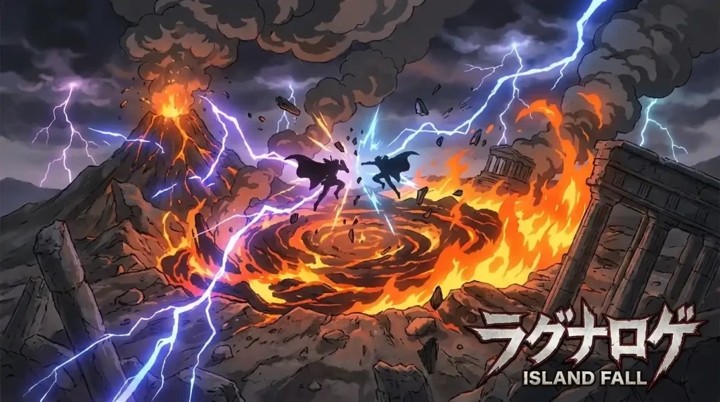 Logia powers creating massive magma, lightning, and fire explosion causing island level destruction in anime battle