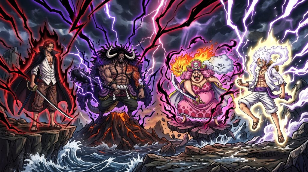 Shanks, Kaido, Big Mom, and Monkey D. Luffy surrounded by powerful Haki lightning in the New World.