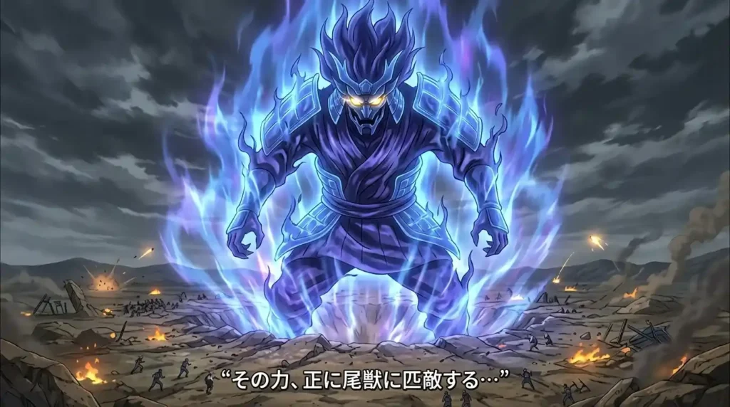 Giant avatar-class summon towering over battlefield with massive chakra aura similar to tailed beasts in Naruto
