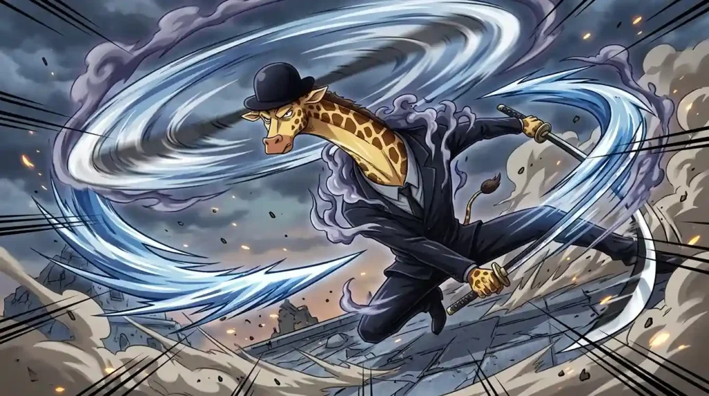 Kaku awakened giraffe form with cloud aura performing spinning attacks in hybrid Zoan transformation