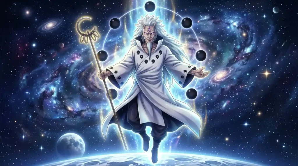 Hagoromo Otsutsuki floating with divine chakra aura and Rinnegan eyes in celestial anime background