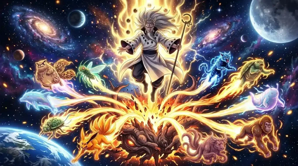 Hagoromo Otsutsuki dividing the Ten Tails into nine tailed beasts with divine chakra aura anime scene