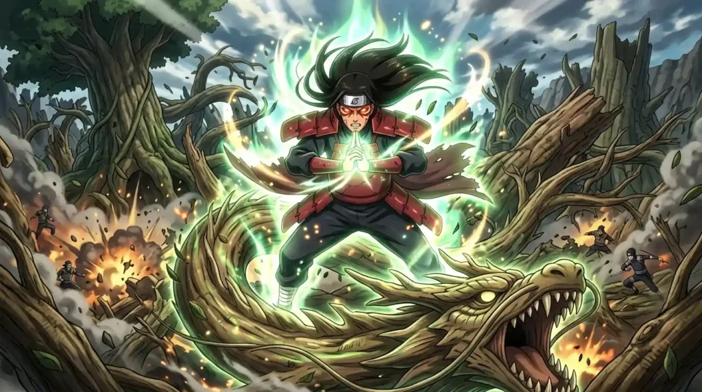 Hashirama Senju using Sage Mode with massive Wood Release structures in a forest battlefield anime scene