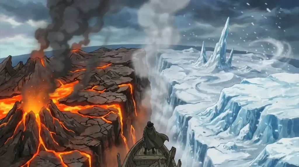 Island split between magma and ice showing Logia environmental manipulation and climate control in One Piece