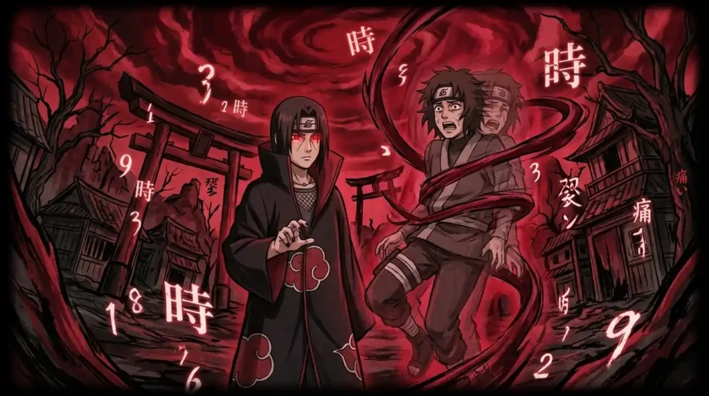 Itachi Uchiha Tsukuyomi illusion red world genjutsu scene