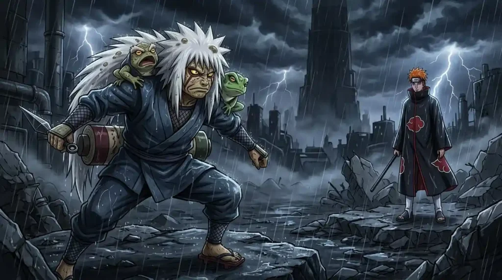 Jiraiya in imperfect Sage Mode with frog features fighting Pain in dark rainy battlefield anime scene