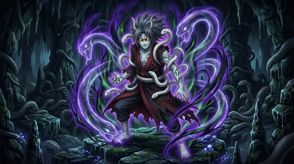 Kabuto Yakushi in Snake Sage Mode with glowing eyes and serpent aura inside a dark cave anime scene