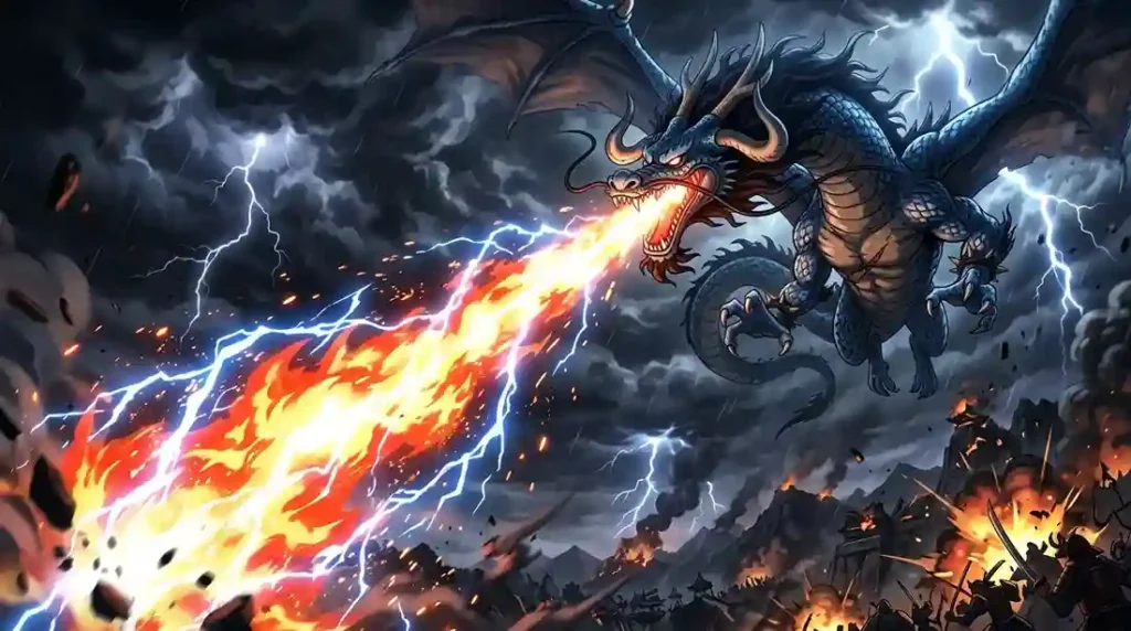 Kaido Azure Dragon form breathing fire and lightning in One Piece
