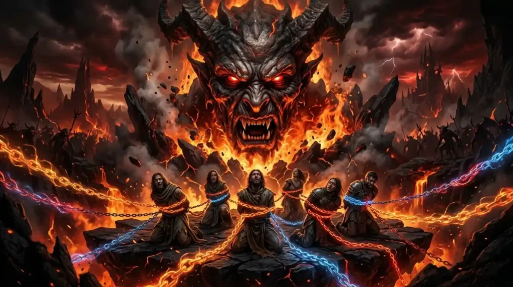 King of Hell summoning scene with giant face emerging and chakra chains in dark spiritual atmosphere