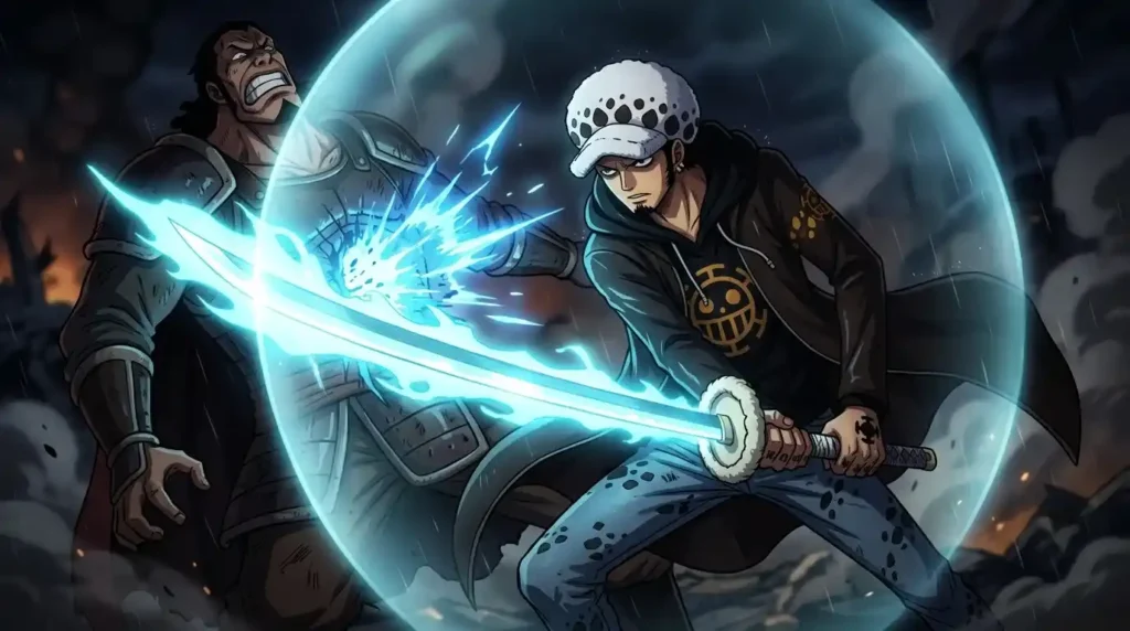 Trafalgar Law activating K Room and Anesthesia with glowing sword causing internal damage using Ope Ope no Mi awakening