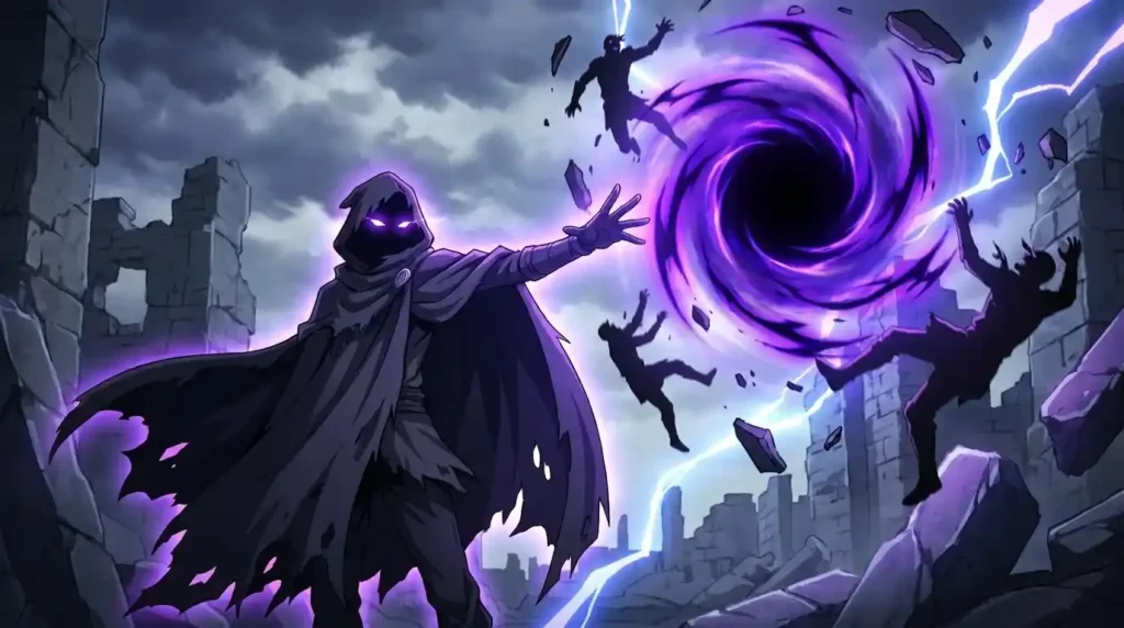 Darkness Logia user creating black hole with gravity pulling enemies and swirling energy in anime battle