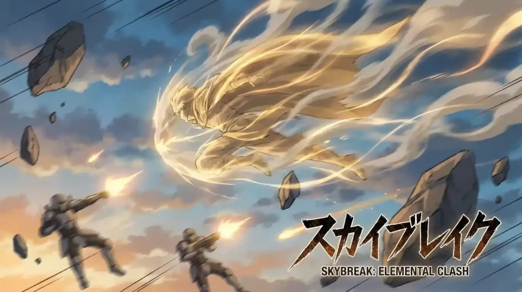 Logia user flying in sky using light or smoke elemental body with high speed motion blur in anime battle
