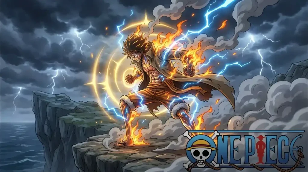 Logia Devil Fruit user transforming into fire, lightning, and smoke with glowing aura in cinematic One Piece anime scene