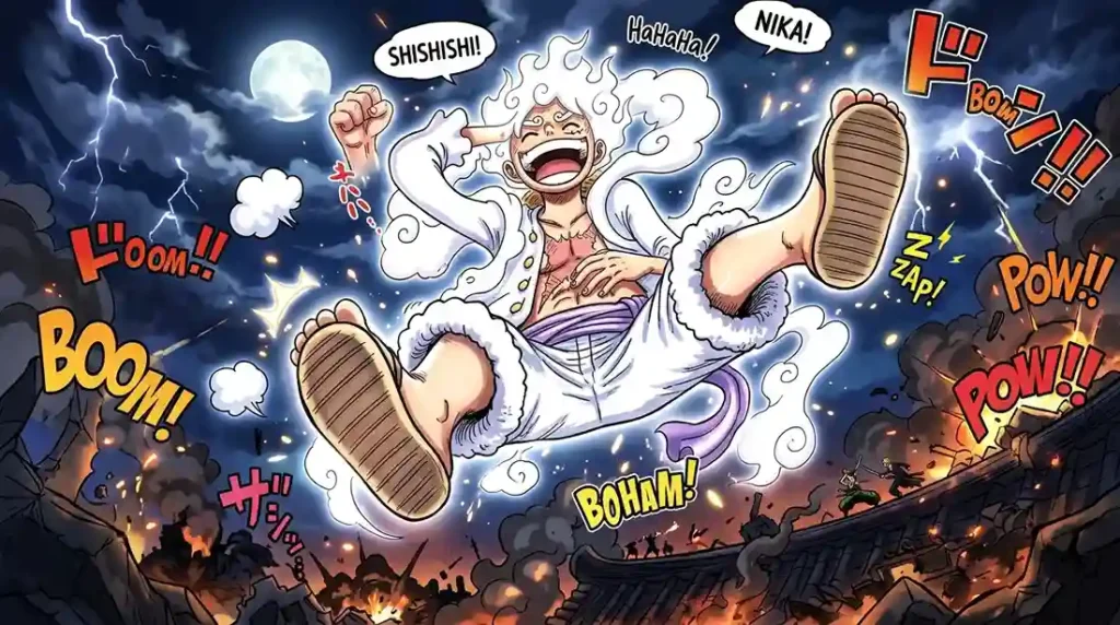 Monkey D Luffy Gear 5 Sun God Nika transformation with white hair and glowing aura