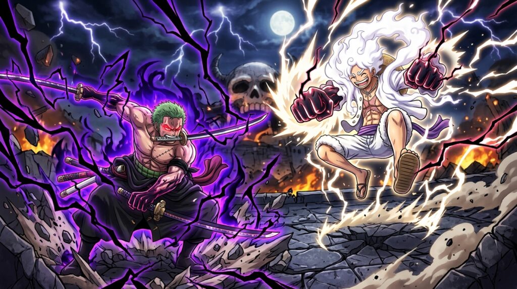 Monkey D. Luffy in Gear 5 and Roronoa Zoro using advanced Haki infused sword attacks with glowing aura.