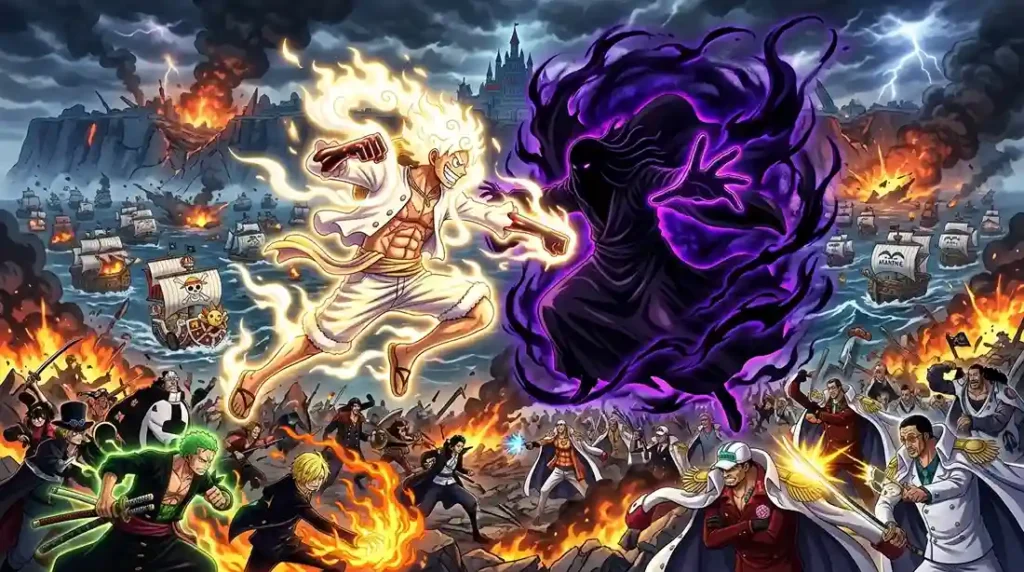 Luffy versus Imu final saga battle scene with massive anime war effects