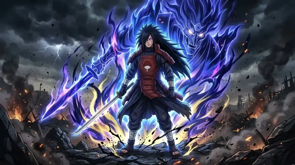Madara Uchiha in Sage Mode with Rinnegan and Susanoo aura standing on battlefield in epic anime style