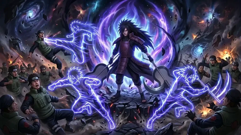 Madara using Limbo clones with invisible shadow fighters in alternate dimension with powerful aura