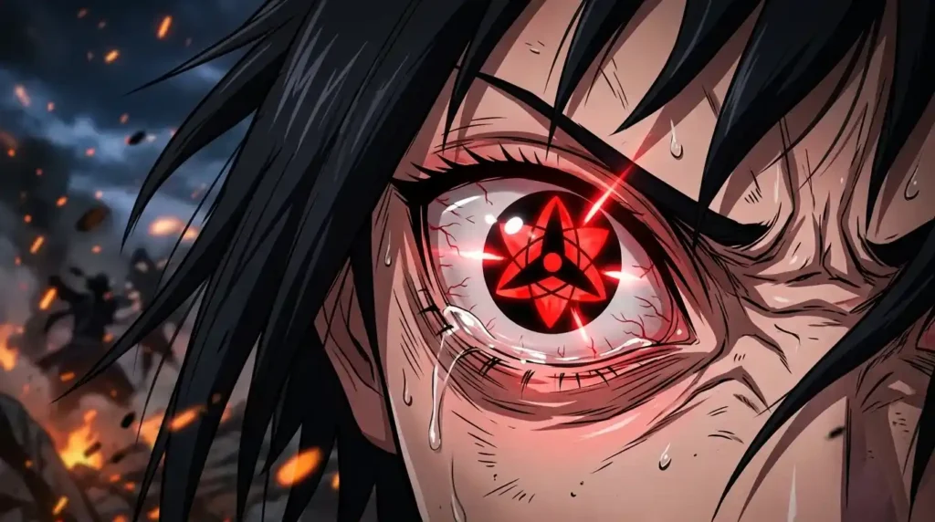 Mangekyo Sharingan glowing red eye close up anime Naruto style