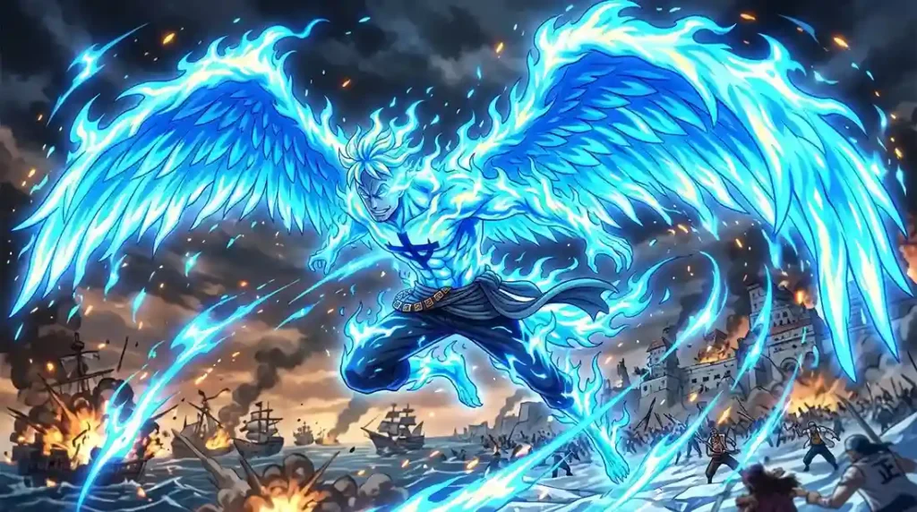 Marco the Phoenix using blue healing flames in One Piece anime battle scene