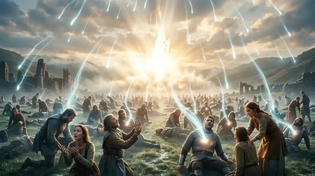Mass resurrection using Rinne Tensei with glowing souls returning in divine chakra explosion scene