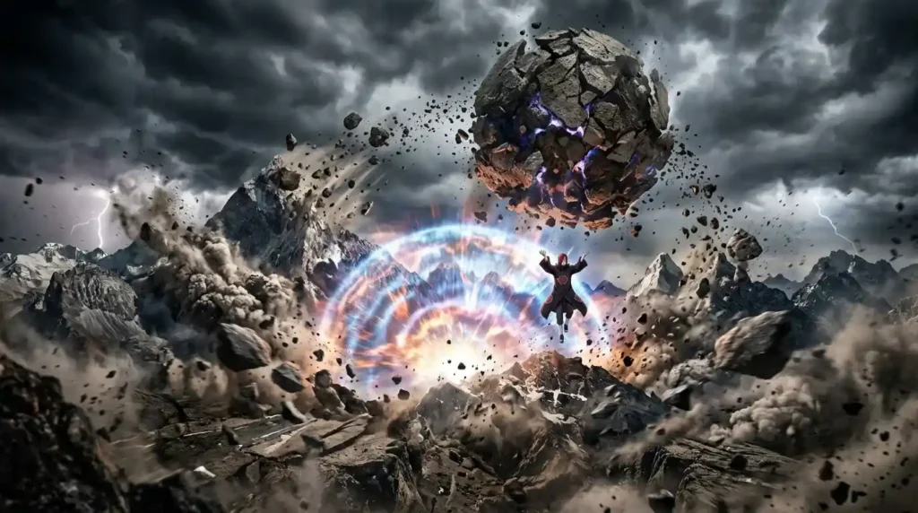 Deva Path using Shinra Tensei and Chibaku Tensei creating massive destruction and gravity effects
