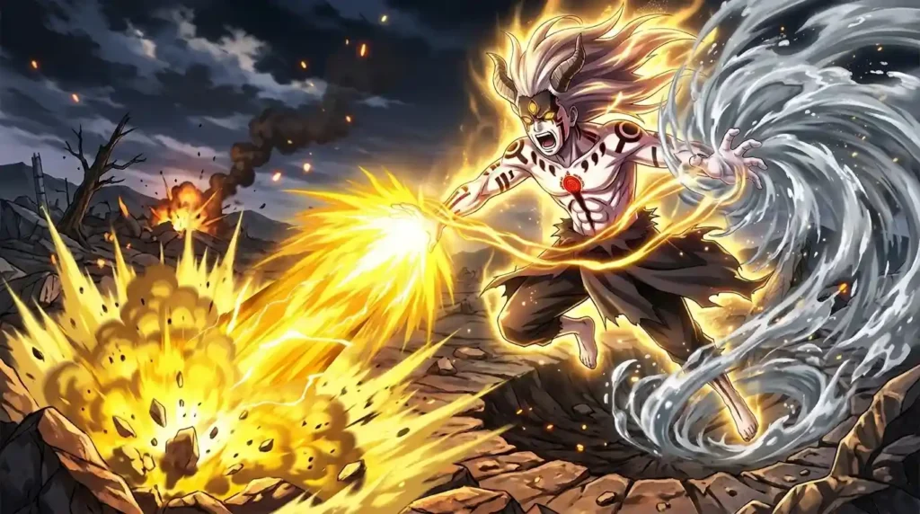 Momoshiki absorbing chakra and releasing amplified energy attack with golden Rinnegan power