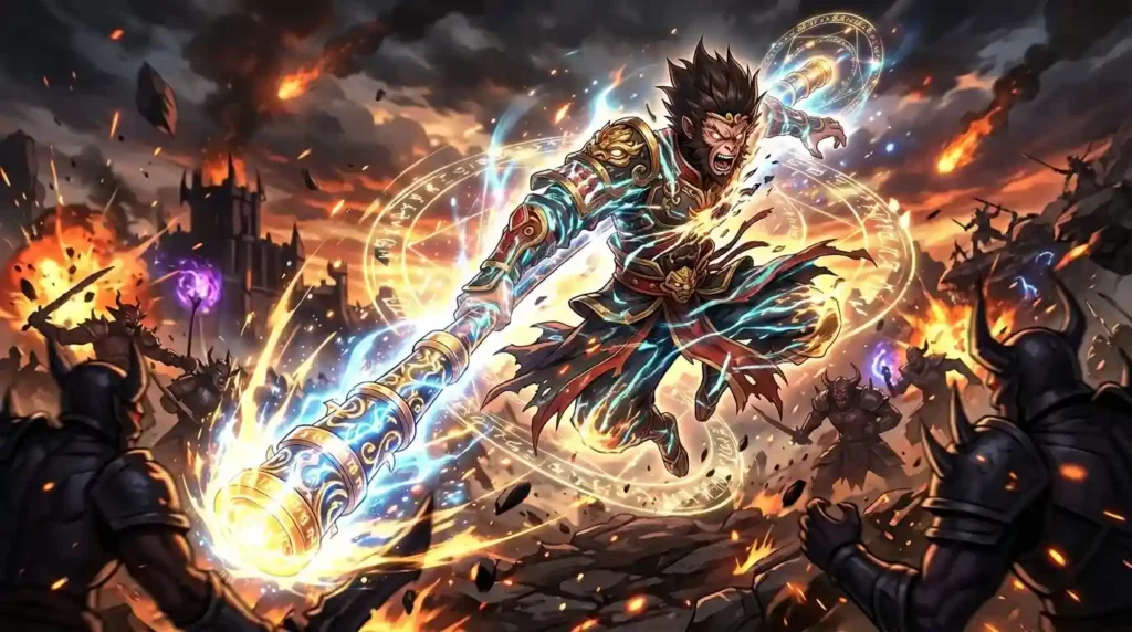 Monkey King Enma transforming into adamantine staff weapon during battle in Naruto anime style action scene