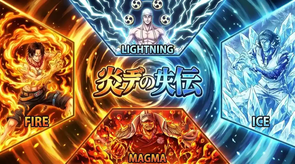 One Piece Logia users collage featuring fire, lightning, ice, and magma powers in glowing anime composition