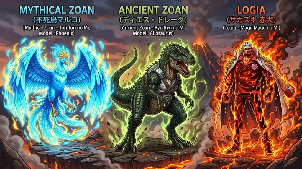 Comparison between Mythical Zoan Ancient Zoan and Logia Devil Fruit powers