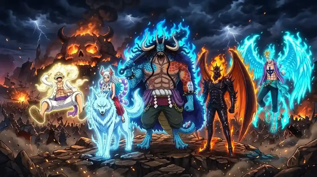 Strongest Mythical Zoan users in One Piece standing together with glowing powers and dramatic anime lighting