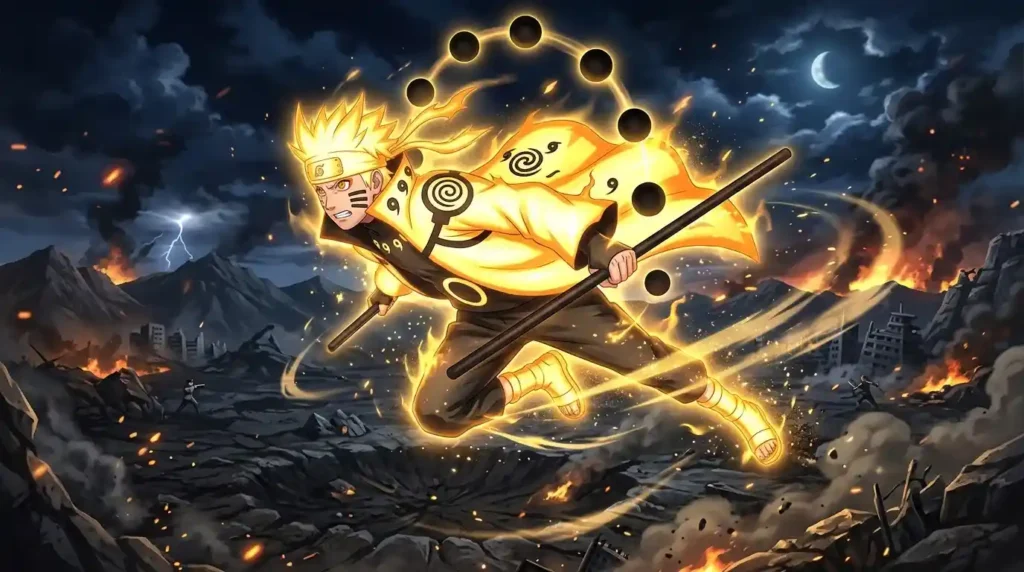 Naruto Uzumaki in Six Paths Sage Mode with golden aura and Truth Seeking Orbs in epic battlefield anime scene