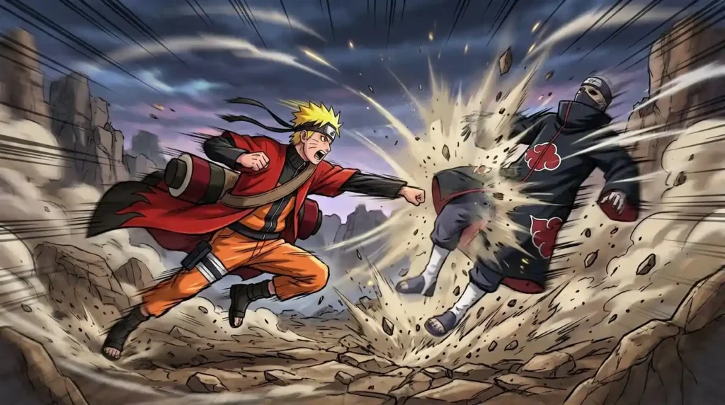 Naruto using Frog Kata with invisible natural energy strike in dynamic anime combat scene