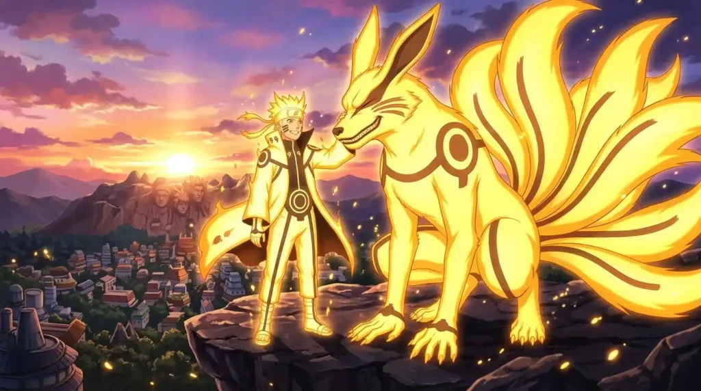 Naruto and Kurama standing together in harmony golden chakra mode emotional sunset anime scene