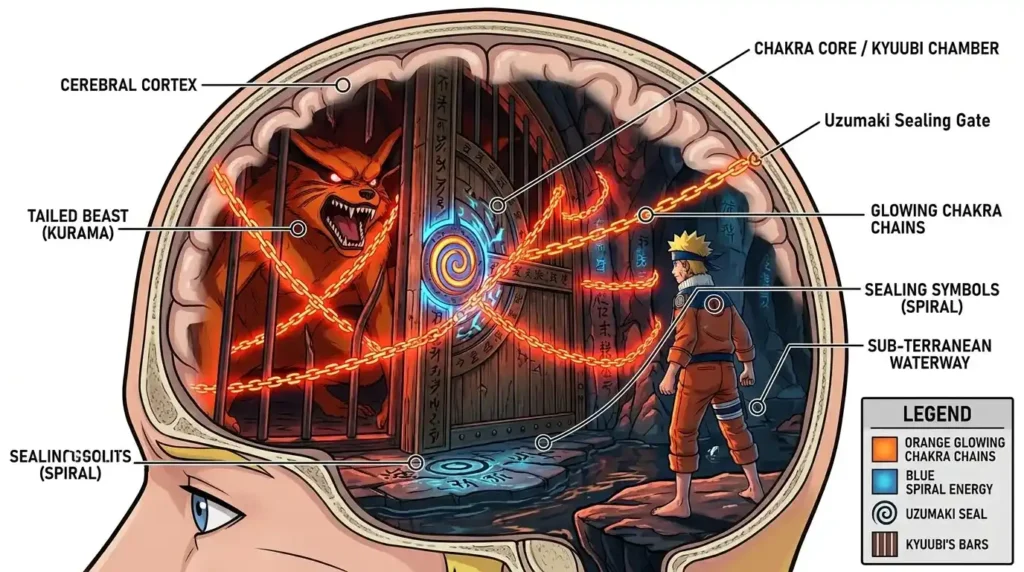 Naruto Uzumaki jinchuriki mindscape facing Kurama behind sealing gate glowing chakra chains inner world