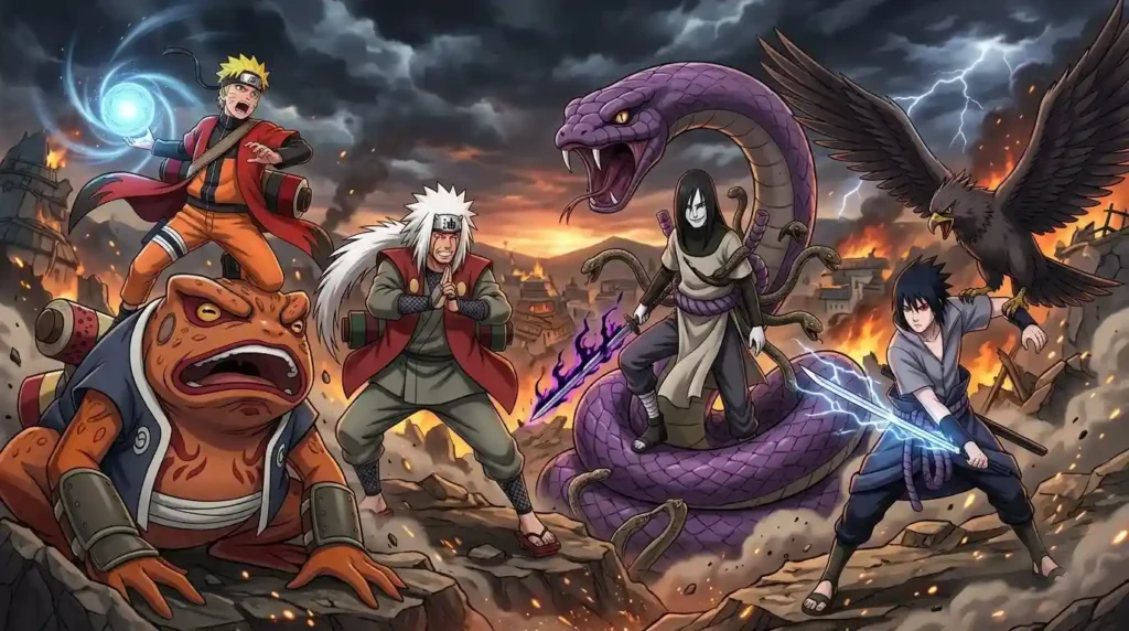 Naruto Uzumaki with Gamabunta, Jiraiya, Orochimaru, and Sasuke summoning animals in an intense anime battle scene