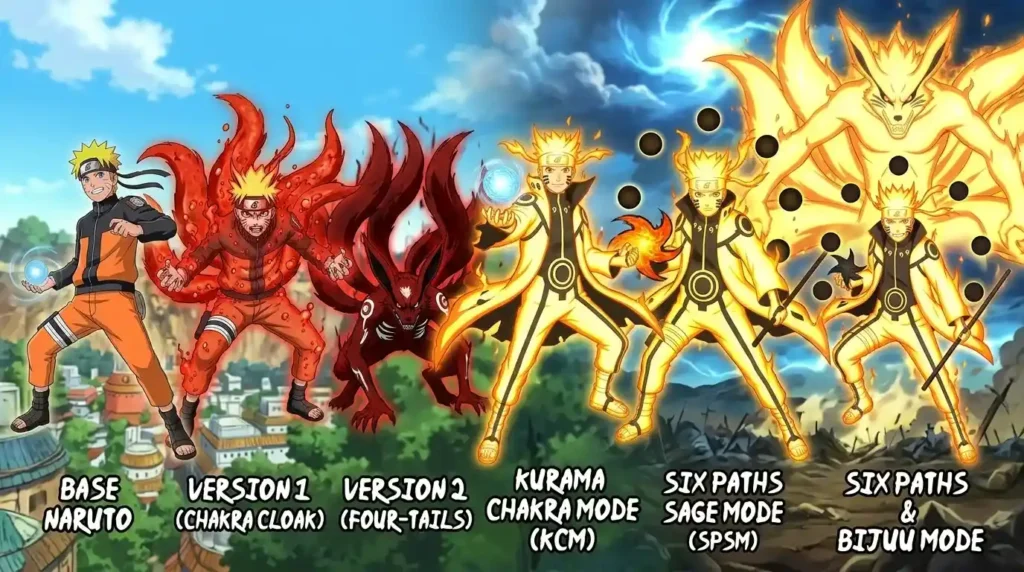 Naruto transformations progression from base form to Kurama Chakra Mode and Six Paths Sage Mode