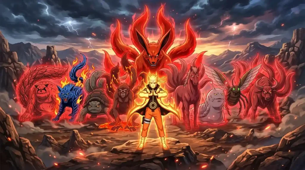 All nine tailed beasts standing together with Naruto Uzumaki in center glowing red chakra cinematic Naruto Shippuden scene