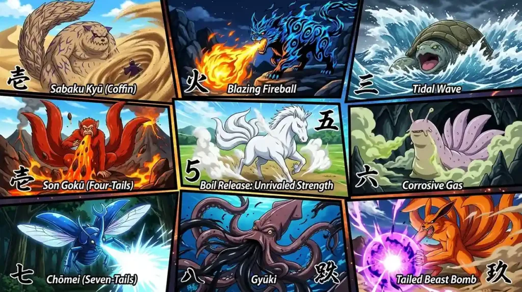 Collage of all nine tailed beasts using unique powers like sand fire lava ink wings anime split panel
