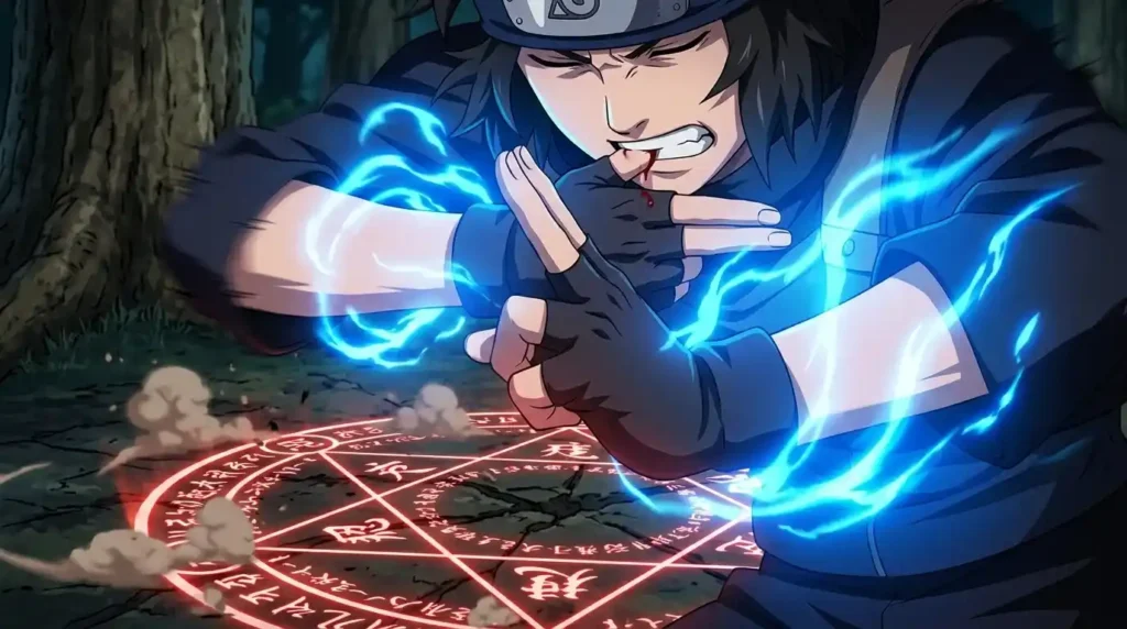 Close-up of ninja performing summoning jutsu with hand seals, blood activation, and chakra flowing into summoning seal