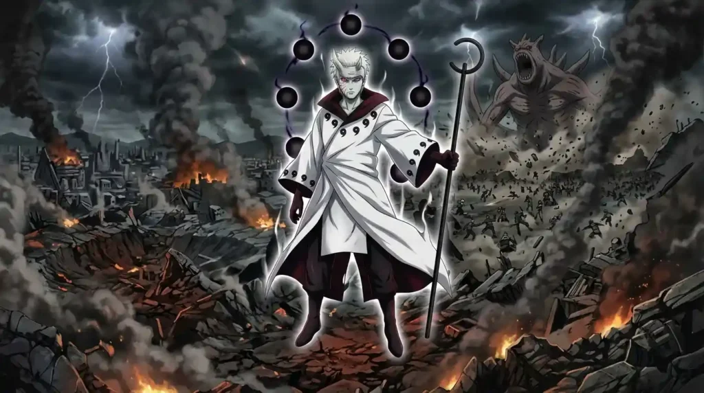 Obito Uchiha as Ten Tails Jinchuriki with Truth Seeking Orbs in a destroyed battlefield anime scene
