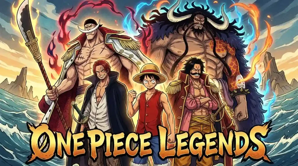 Legendary One Piece characters like Luffy Shanks Roger Whitebeard with powerful Haki aura group shot