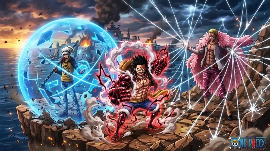 Paramecia Devil Fruit users like Luffy, Doflamingo, and Law showcasing unique powers with rubber, strings, and spatial abilities in One Piece anime