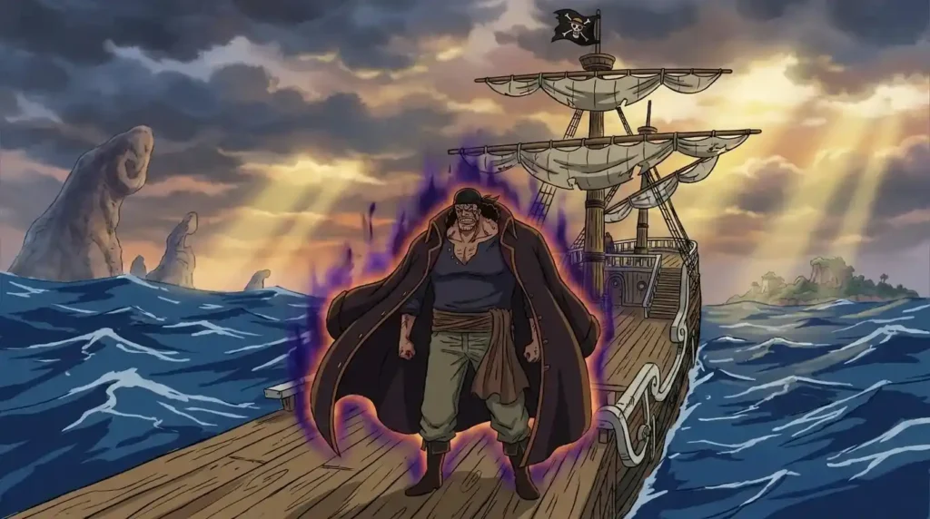 Powerful pirate using Haki aura standing on ship in Grand Line ocean, cinematic One Piece scene