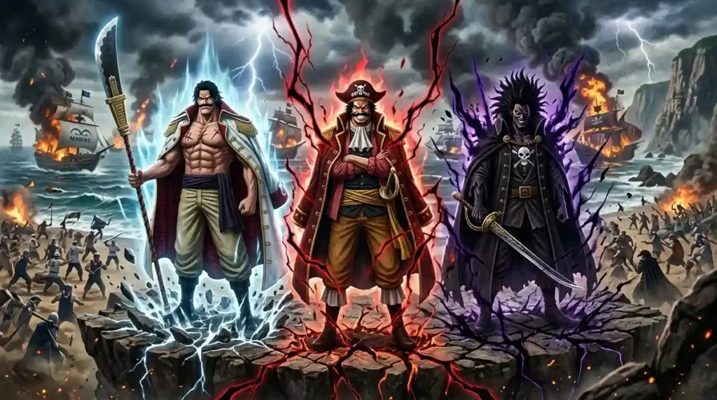Gol D. Roger, Whitebeard, and Rocks D. Xebec standing together with overwhelming Haki aura during the God Valley era.