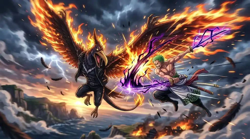 King Pteranodon hybrid form battling Zoro with flaming wings in One Piece
