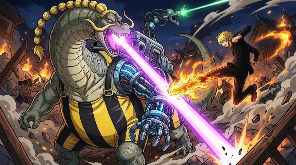 Queen hybrid Brachiosaurus transformation fighting Sanji in One Piece Wano Arc